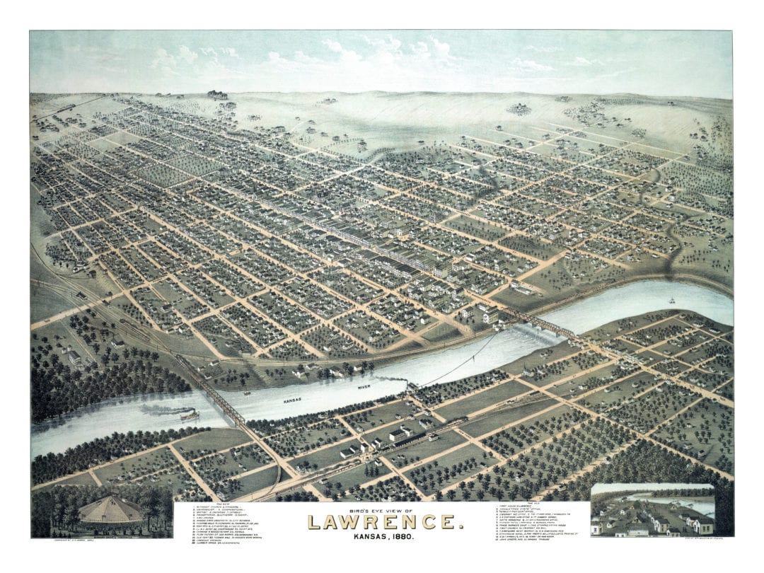Historic old map shows bird’s eye view of Lawrence, KS in 1880