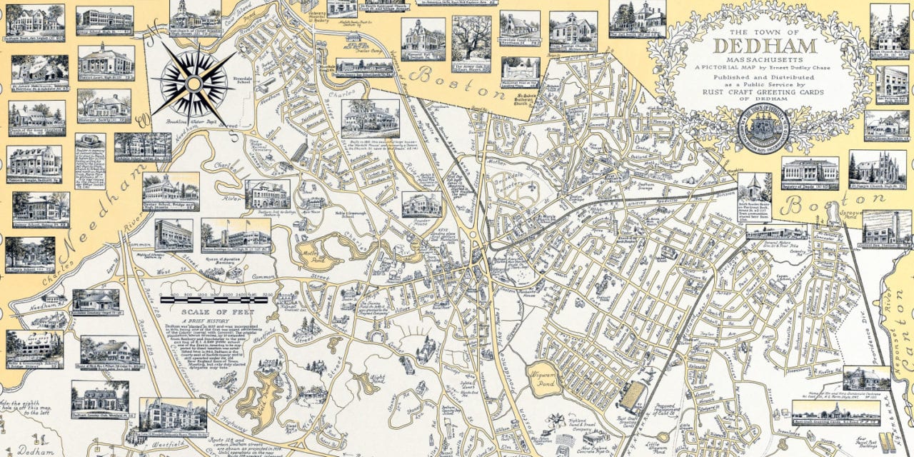 The History of Dedham, MA: beautifully detailed map from 1954