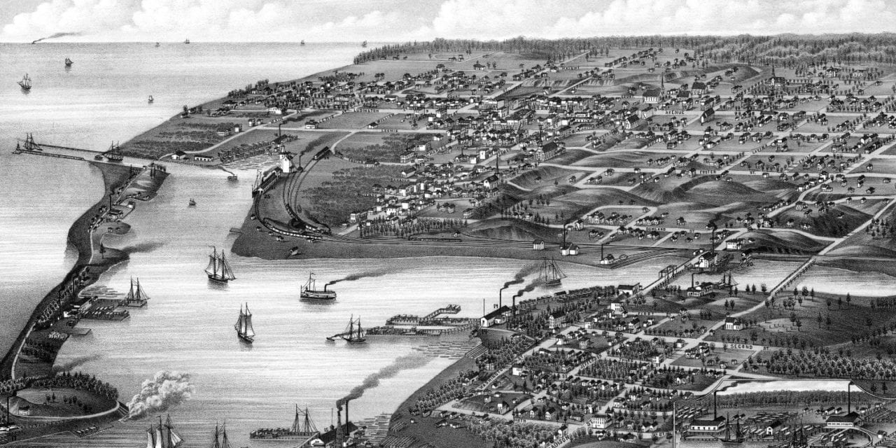 Historic bird’s eye view map of Ludington, Michigan in 1880