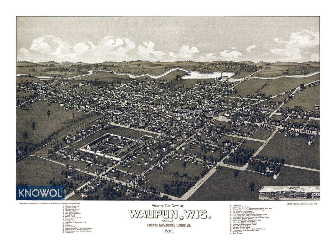 Beautifully restored map of Waupun, Wisconsin in 1885 KNOWOL