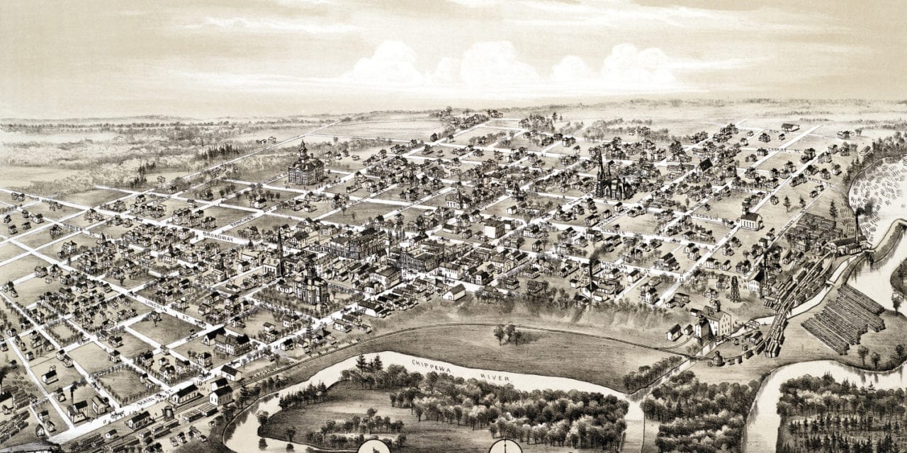 Beautifully restored map of Mt. Pleasant, Michigan from 1884