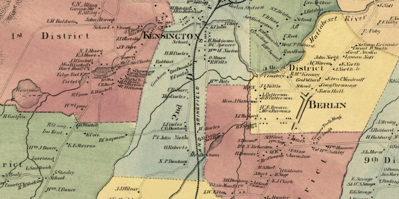 Historic landowners map of Berlin, CT from 1869