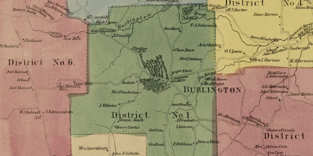 Historic landowners map of Burlington, CT from 1869