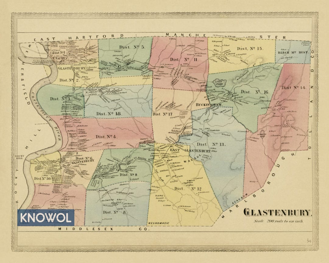Historic landowners map of Glastonbury, CT from 1869 KNOWOL