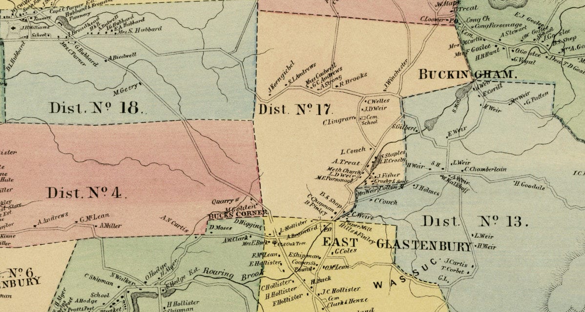 Historic landowners map of Glastonbury, CT from 1869