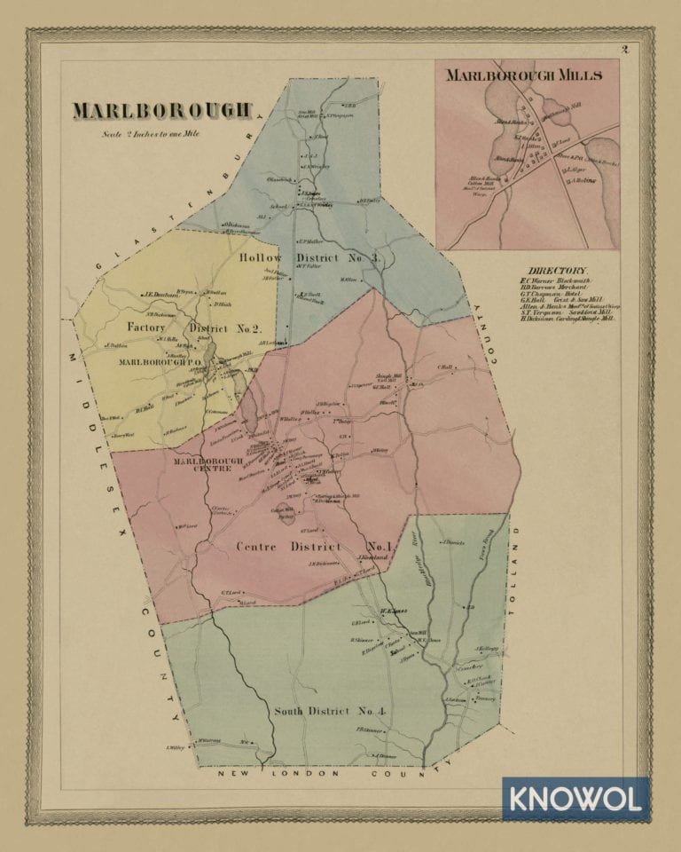 Historic landowners map of Marlborough, CT from 1869 KNOWOL