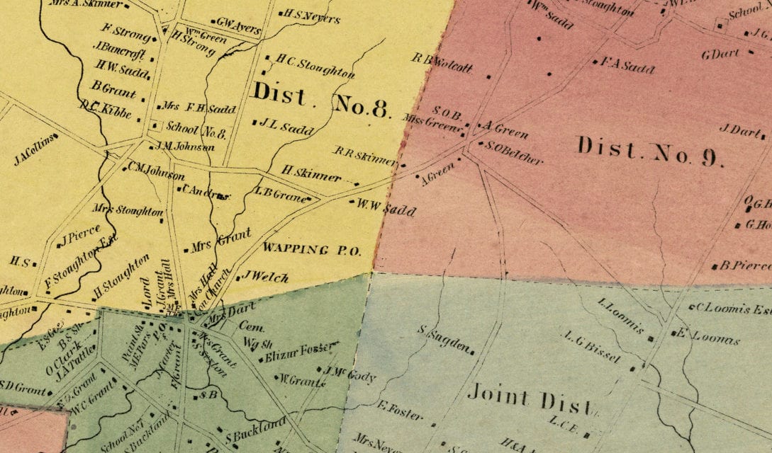 Historic landowners map of South Windsor, CT from 1869