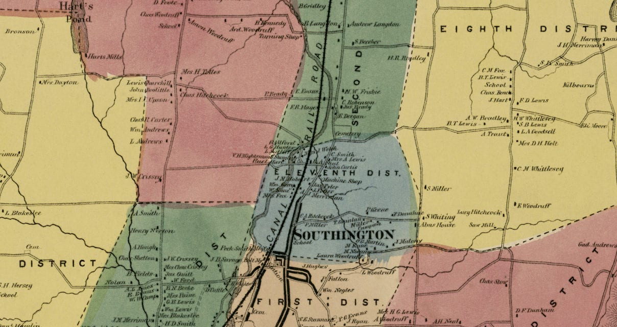 Historic landowners map of Southington, CT from 1869