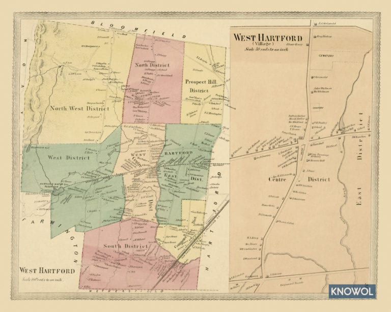 Historic landowners map of West Hartford, Connecticut from 1869 KNOWOL
