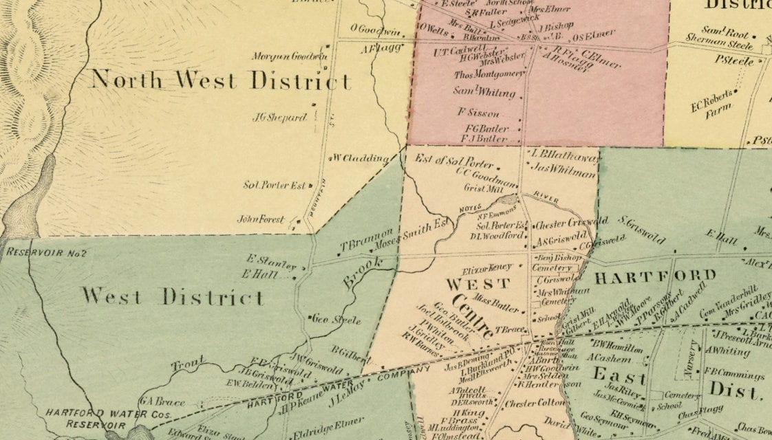 Historic landowners map of West Hartford, Connecticut from 1869