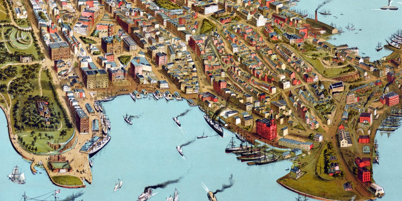 Vintage bird’s eye view art print of Sydney, Australia from 1888