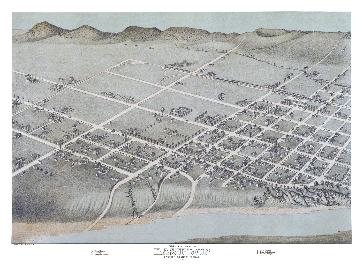 Beautifully detailed map of Bastrop, TX in 1887.