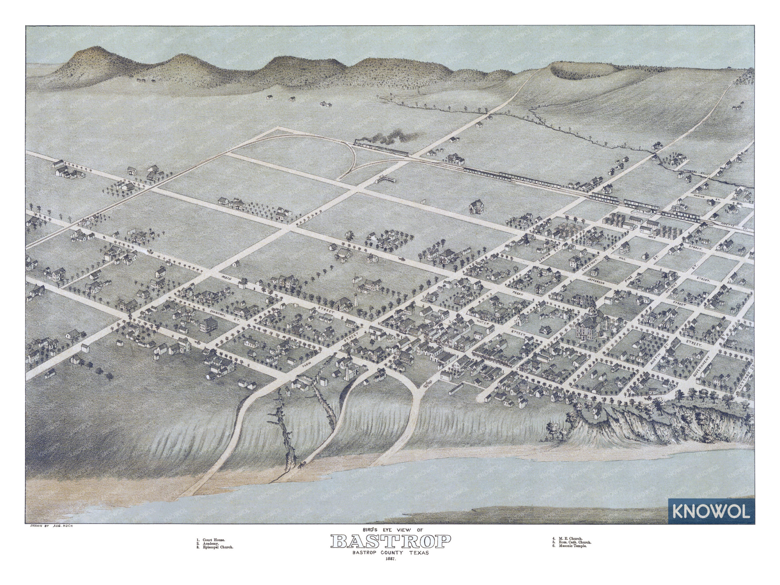 Old map showing a bird's eye view of Bastrop, Texas in 1887. The map is in color and shows the city as it looked in the late 19th century.