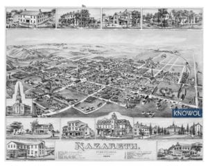 Bird's eye view of Nazareth Pennsylvania as it looked in 1885. The map shows a detailed view of Nazareth including street names, old landmarks, and prominent buildings.