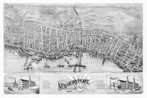 Old map showing a bird's eye view of Newburyport, Massachusetts in 1894. Detailed with street names and old landmarks.