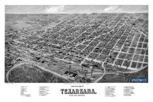Historic old map of Texarkana, Texas and Arkansas. The map is in black and white and shows a bird's eye view of the area as it looked in 1888.