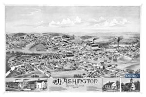 Old map showing a bird's eye view of Washington Village in Coventry Rhode Island. The map was created in 1888 and shows a bird's eye view of the village as it used to look.