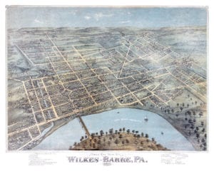 Bird's eye view map of Wilkes Barre Pennsylvania from 1872