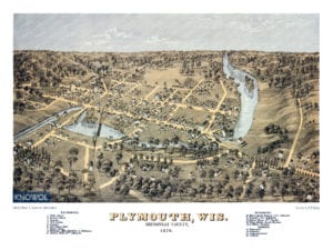 Bird's eye view map of Plymouth, Wisconsin from 1870. The map is in color and shows buildings, streets, and old landmarks of Plymouth Wisconsin from 1870.