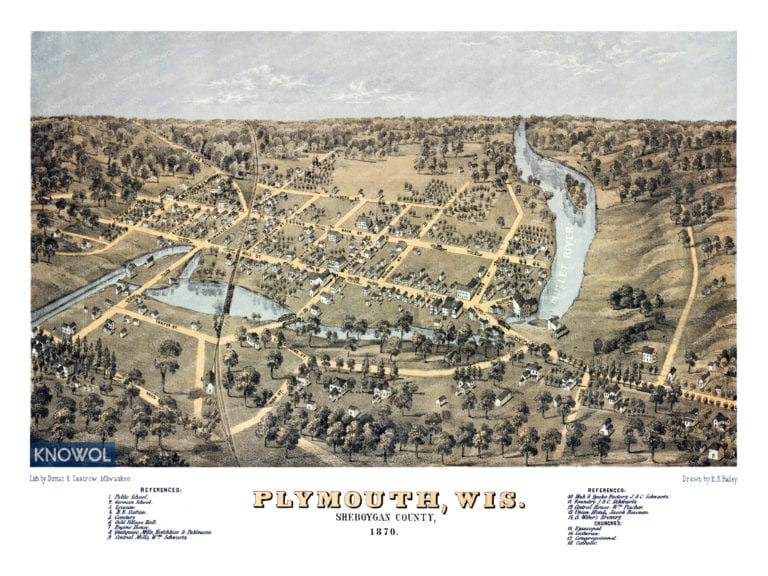 Alternative view of the beautifully restored map of Plymouth, Wisconsin from 1870 - KNOWOL