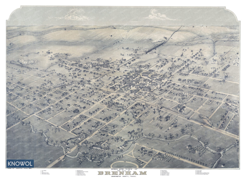 Historic map of Brenham, Texas, from 1881