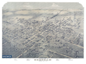 Old map of Brenham, Texas showing a bird's eye view of the city as it looked in 1881. The map has streets labeled and shows old historic landmarks in Brenham, Texas.