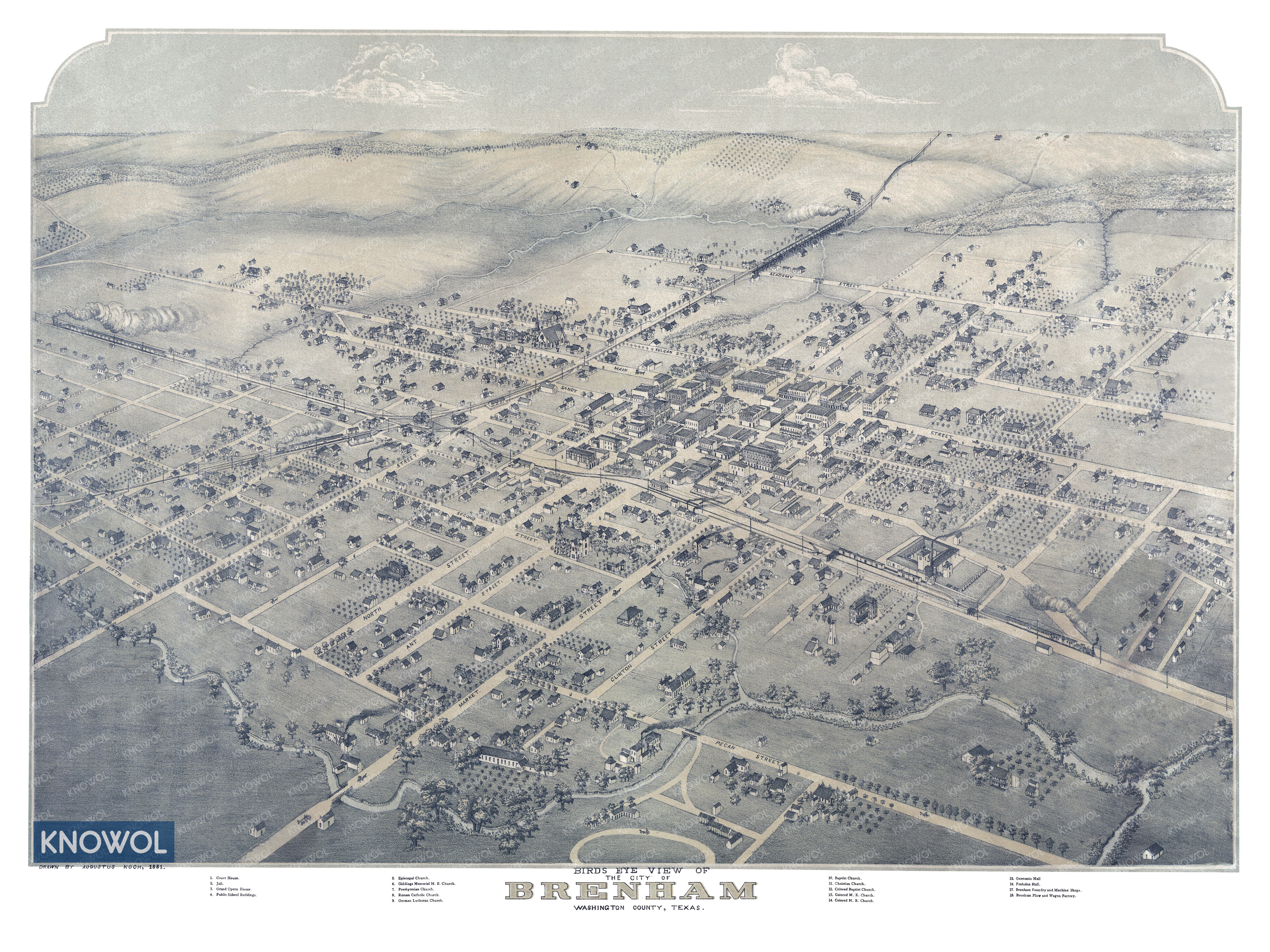 Old map of Brenham, Texas showing a bird's eye view of the city as it looked in 1881. The map has streets labeled and shows old historic landmarks in Brenham, Texas.