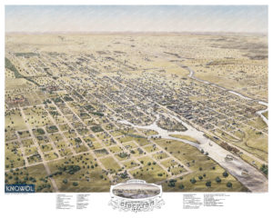 Historic old map of Stockton, California 1870. The map shows a bird's eye view of the city as it used to look, including street names and old landmarks.
