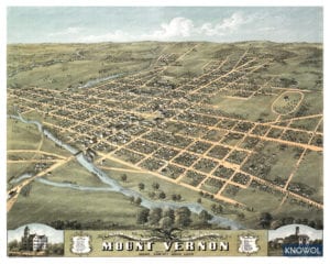 Restored old map of Mount Vernon, Ohio from 1870. The map shows a bird's eye view of the city as it used to look, including street names and old landmarks.