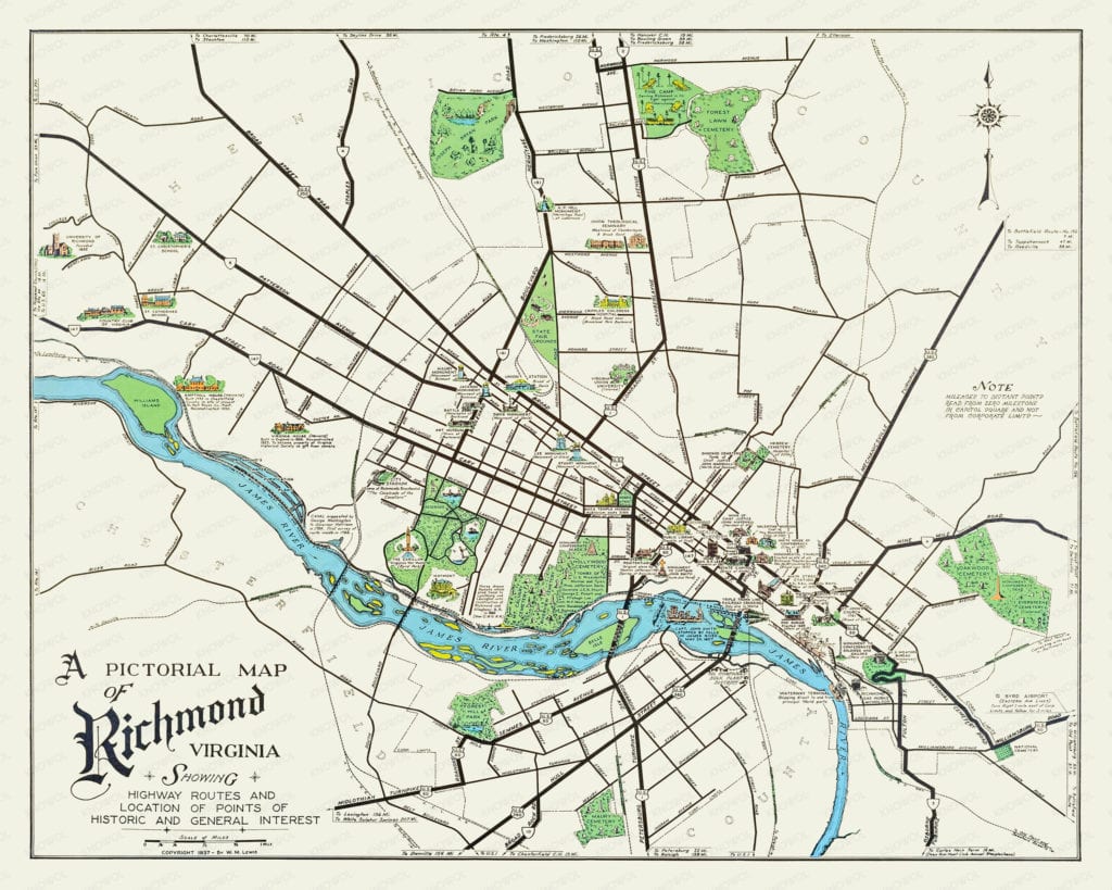 Historic old map of Richmond, Virginia from 1937. The map is a pictorial map showing landmarks, street names, and historical notes fr Richmond Virginia.