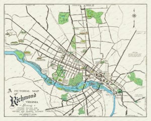 Historic old map of Richmond, Virginia from 1937. The map is a pictorial map showing landmarks, street names, and historical notes fr Richmond Virginia.