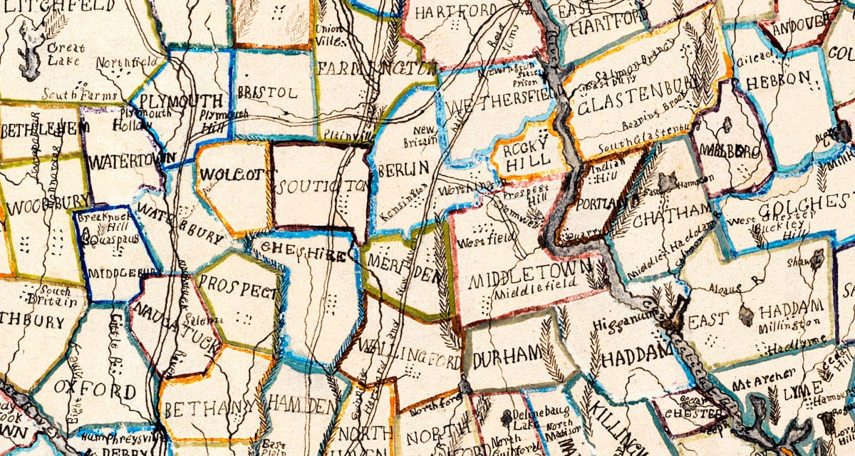 Vintage hand-colored map of Connecticut from 1857