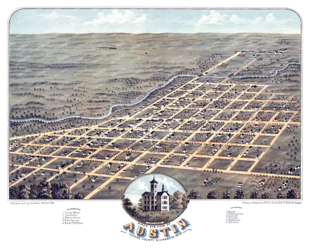 Beautifully Restored Map of Austin, Minnesota from 1870