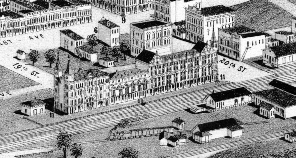 Restored bird’s eye view of Birmingham, Alabama in 1885