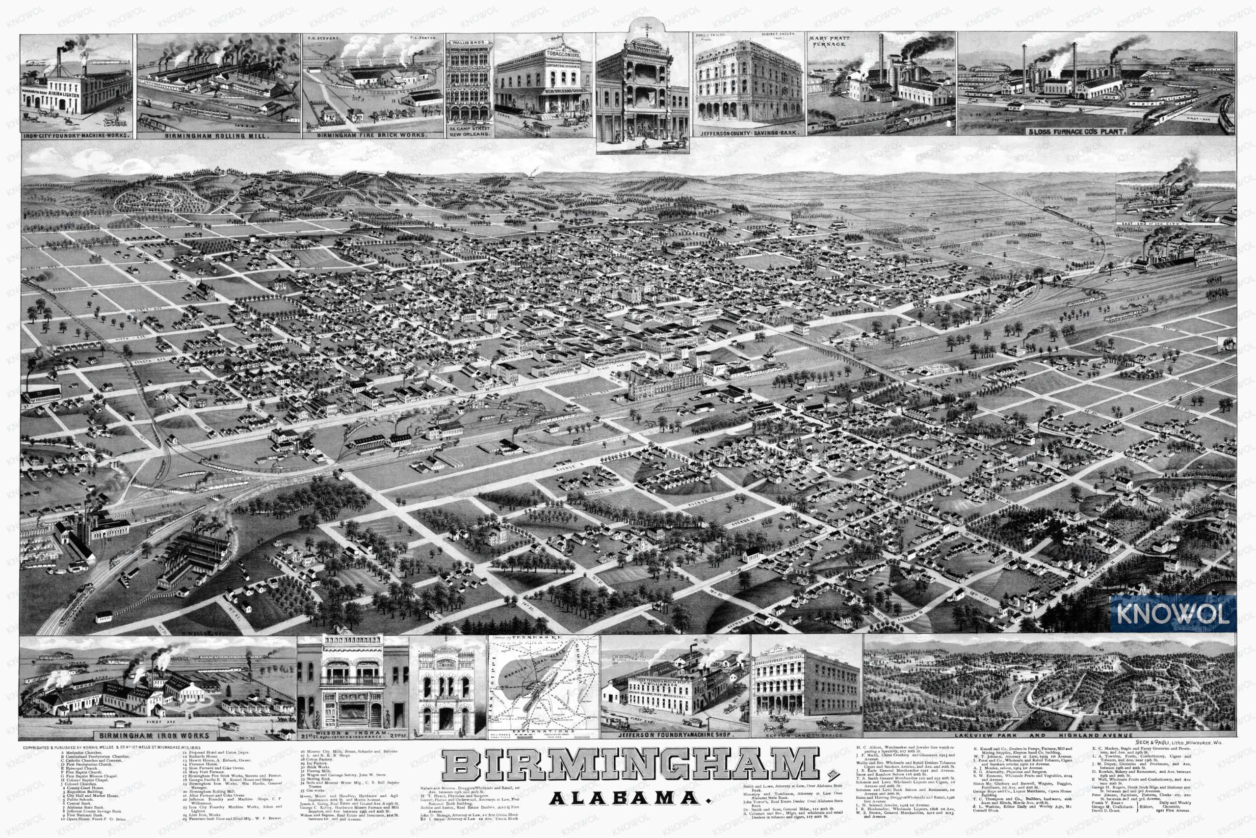 A historic bird's eye view of Birmingham, Alabama from 1885. The image is a map that shows Birmingham, Alabama as it looked in the late 19th century. The map shows landmarks, street names, and detailed drawings of the city.