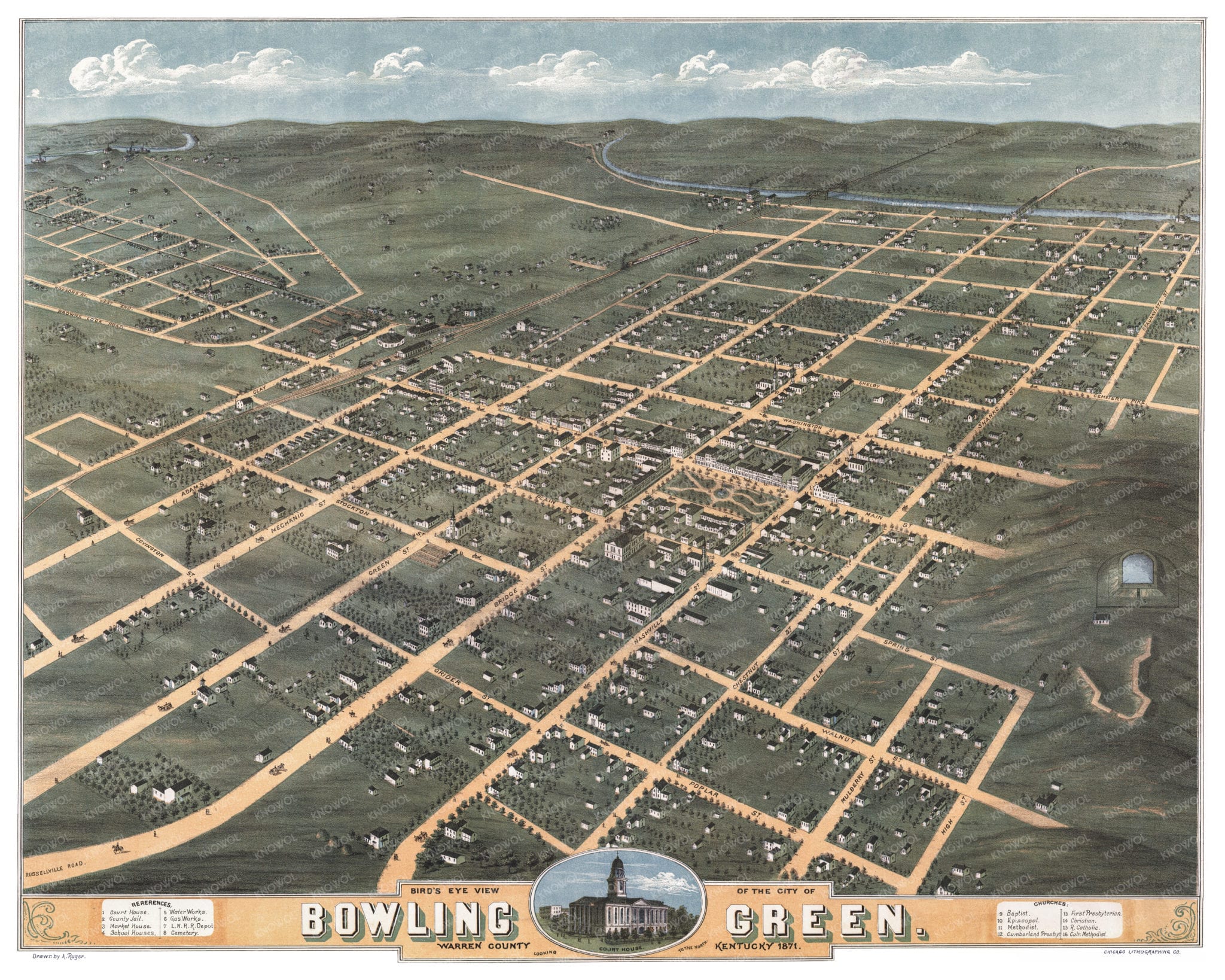Beautifully restored map of Bowling Green, Kentucky from 1871 - KNOWOL