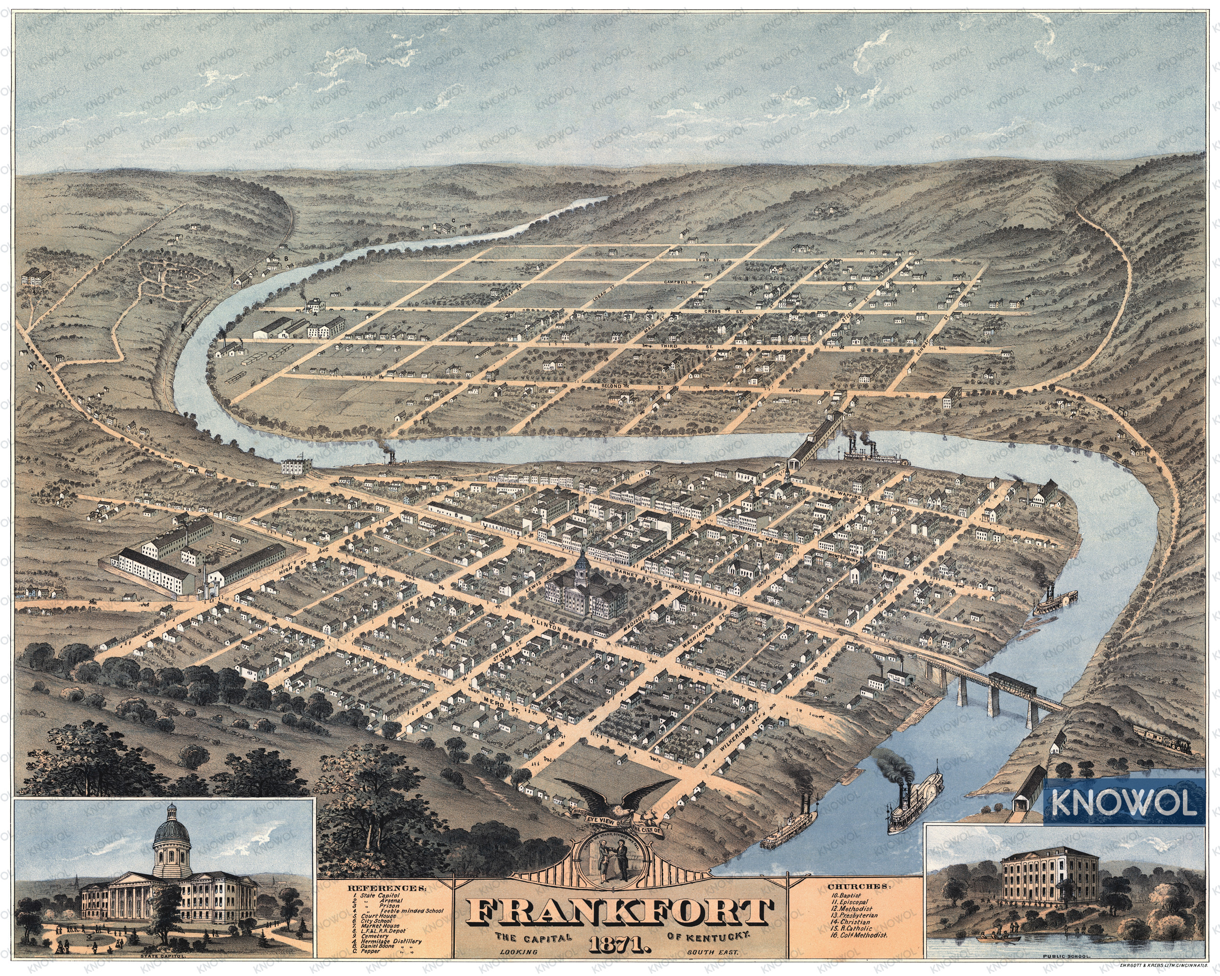 Beautifully restored map of Frankfort, Kentucky from 1871 - KNOWOL