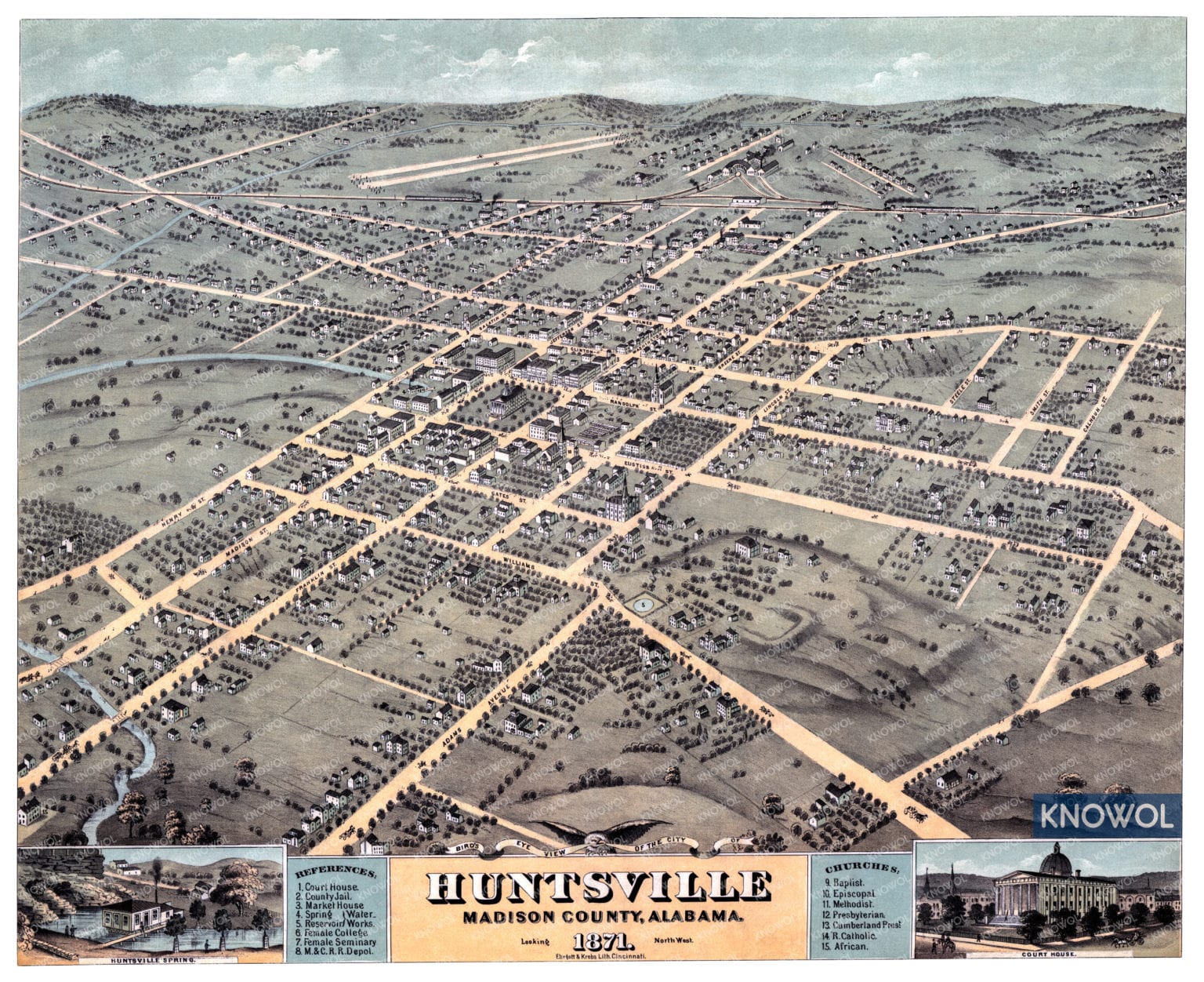 Beautifully restored map of Huntsville, Alabama from 1871 - KNOWOL