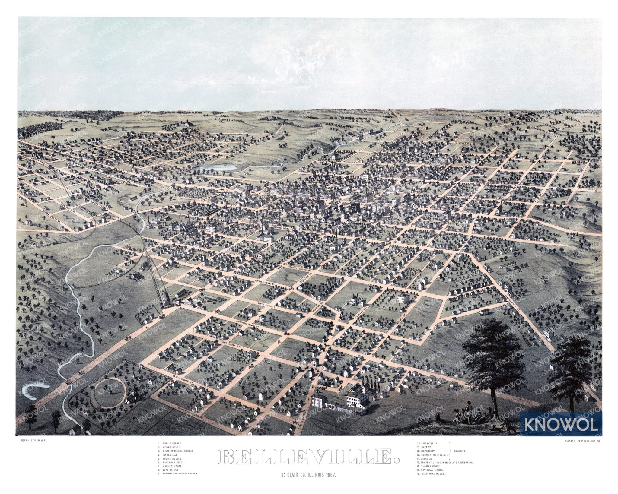 Historic bird’s eye view of Belleville, Illinois in 1867 - KNOWOL