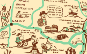 Colorful pictorial map of New Mexico. Explore the humorous side of New Mexico’s heritage with this delightful 1939 cartoon map. A unique collector's item that will bring a touch of whimsy to your home.