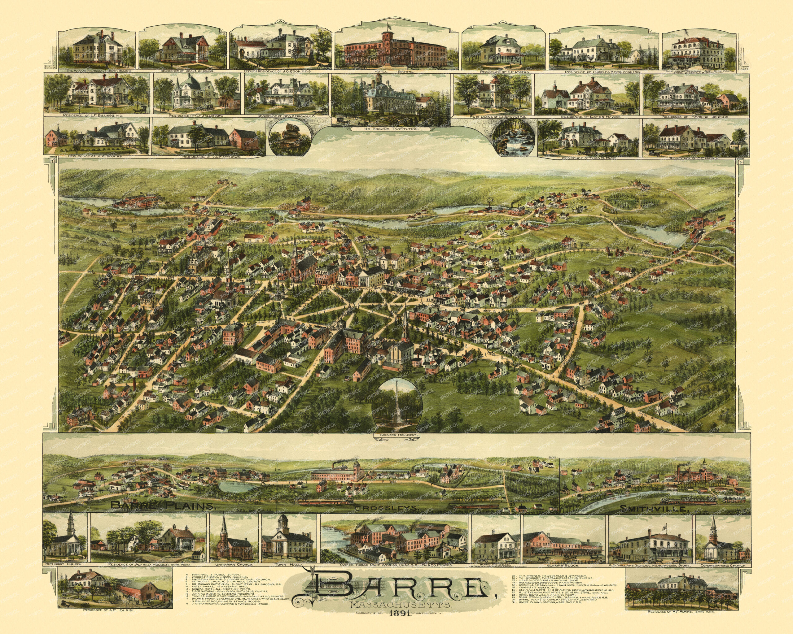 A bird's-eye view map of Barre, Massachusetts in 1891. It shows the town's layout, including streets, buildings, and landmarks like the Barre Opera House and the Barre Public Library. The map also shows the town's many granite quarries, mills, and factories.