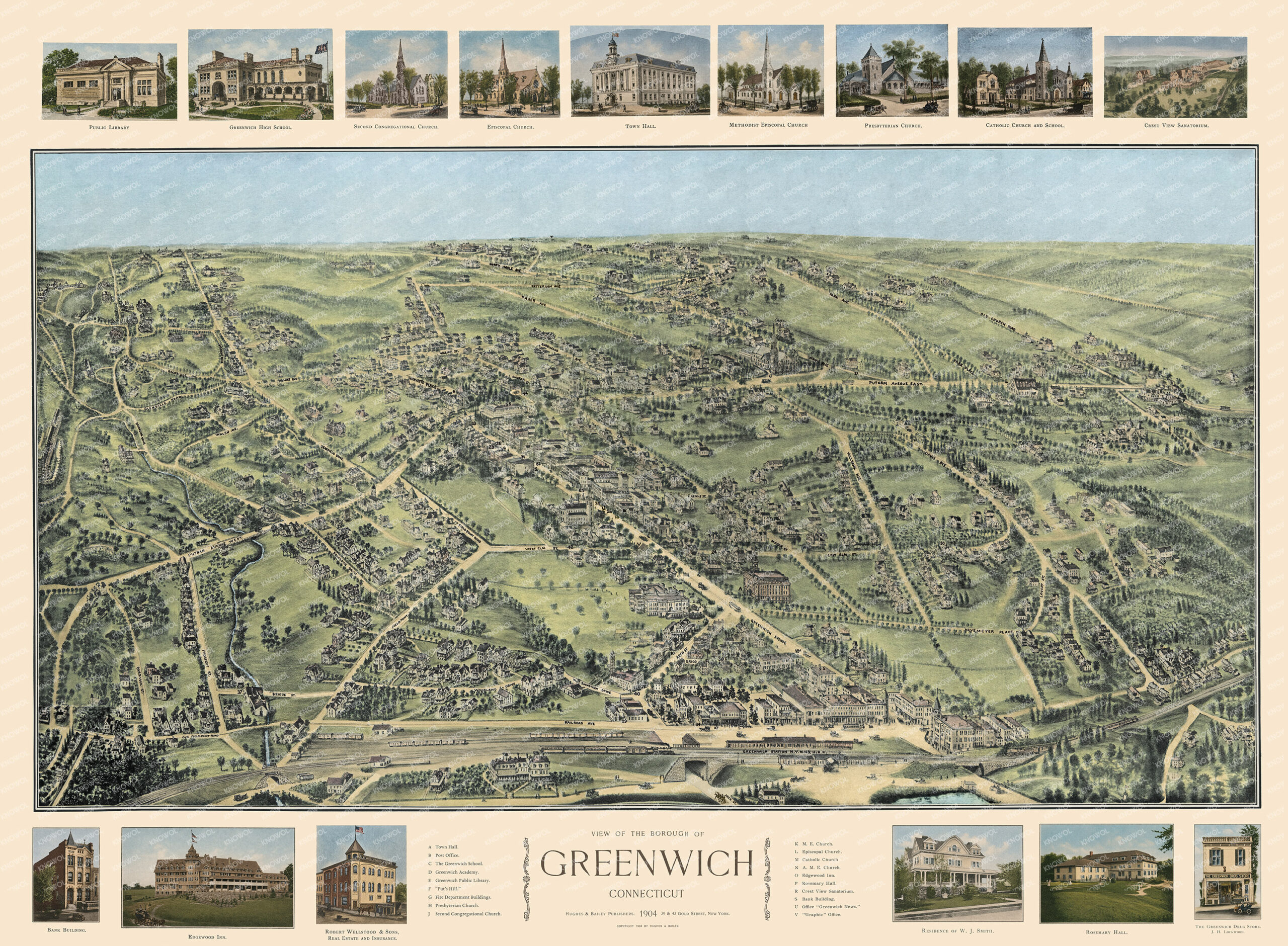 Vintage 1904 bird’s-eye view map of Greenwich, Connecticut by O.H. Bailey
