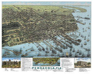 Vintage 1885 bird’s-eye view map of Pensacola, Florida showing Pensacola Bay, historic streets, ships, wharves, railroads, hotels, churches, and landmarks.