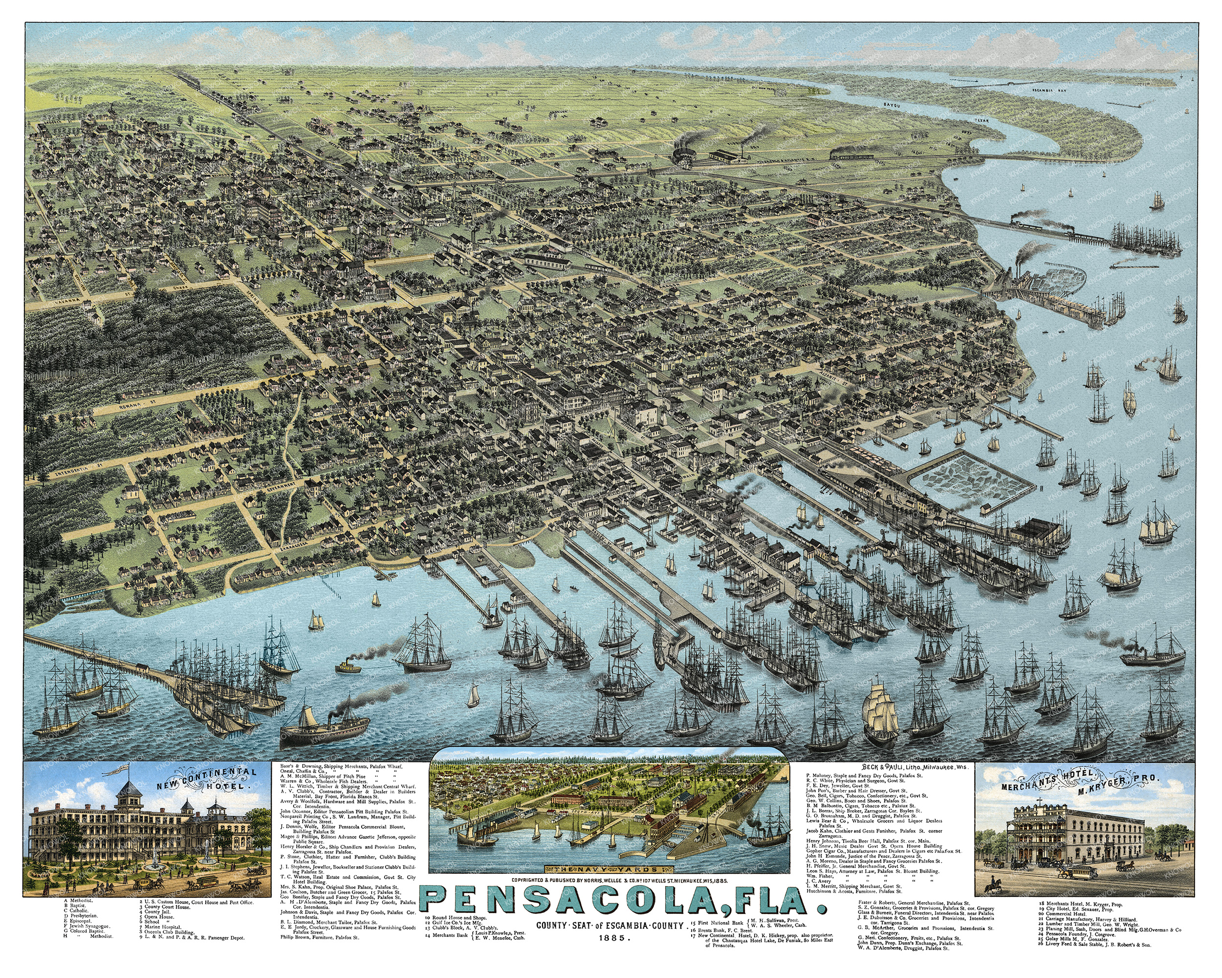 Vintage 1885 bird’s-eye view map of Pensacola, Florida showing Pensacola Bay, historic streets, ships, wharves, railroads, hotels, churches, and landmarks.