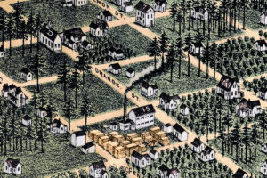 Close-up of Orange Street on an 1884 vintage bird’s-eye map of Orlando, Florida, showing homes, roads, trees, and a lumber yard.