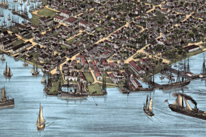 Birds Eye View Close up of Harbor, 1884 Map