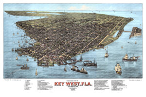 Colorized 1884 bird's eye view map of Key West, Florida by J.J. Stoner
