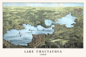 Vintage 1885 bird’s-eye view map of Lake Chautauqua, New York showing steamboats, sailboats, wooded hills, farms, roads, railroads, and historic lakefront communities including Mayville, Lakewood, Bemus Point, Long Point, Point Chautauqua, and Jamestown.
