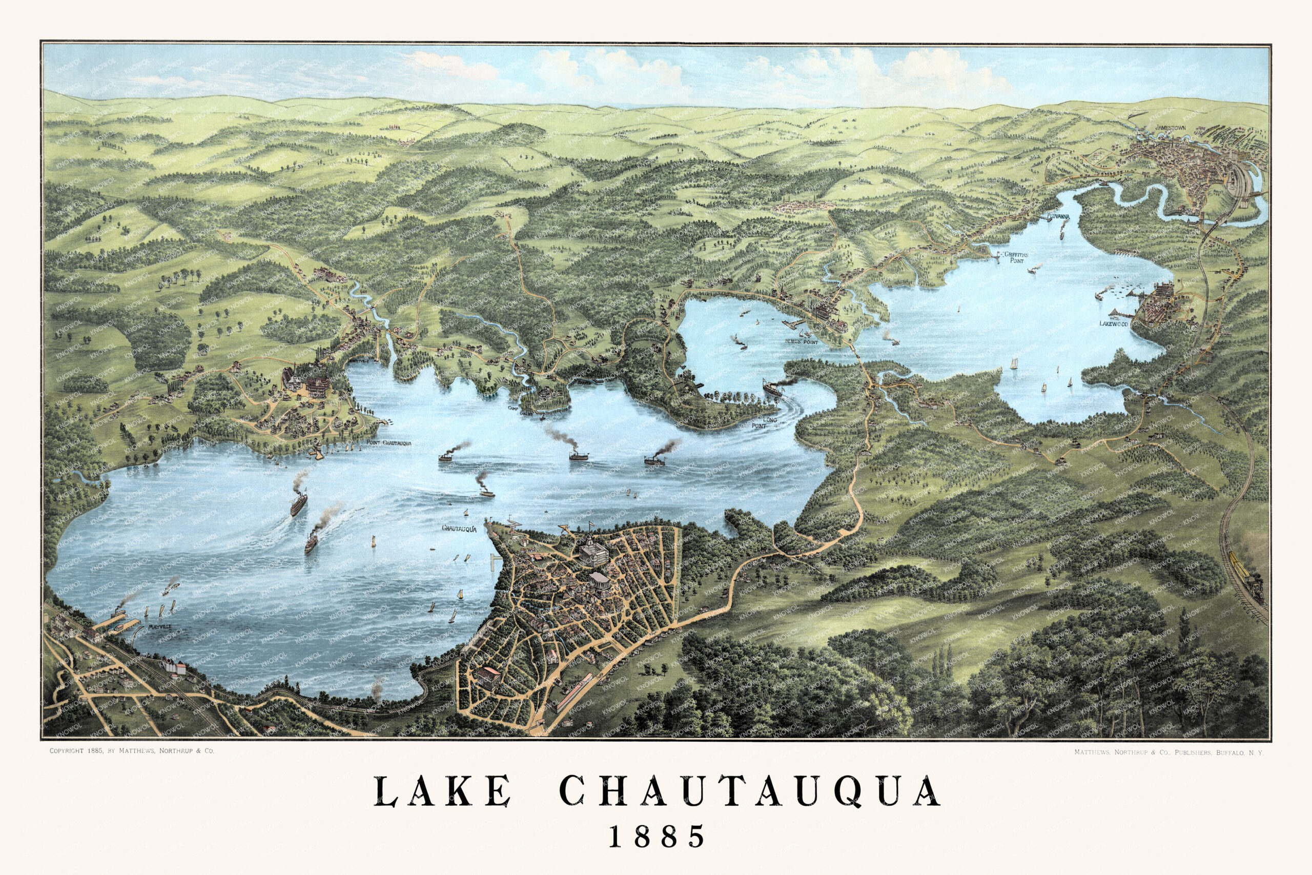 Vintage 1885 bird’s-eye view map of Lake Chautauqua, New York showing steamboats, sailboats, wooded hills, farms, roads, railroads, and historic lakefront communities including Mayville, Lakewood, Bemus Point, Long Point, Point Chautauqua, and Jamestown.