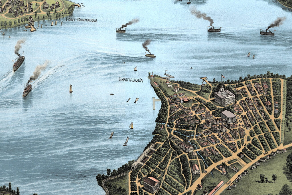 Restored and colorized 1885 vintage map of Lake Chautauqua, New York showing steamboats, shoreline villages, wooded hills, railroads, farms, and historic lakefront communities.